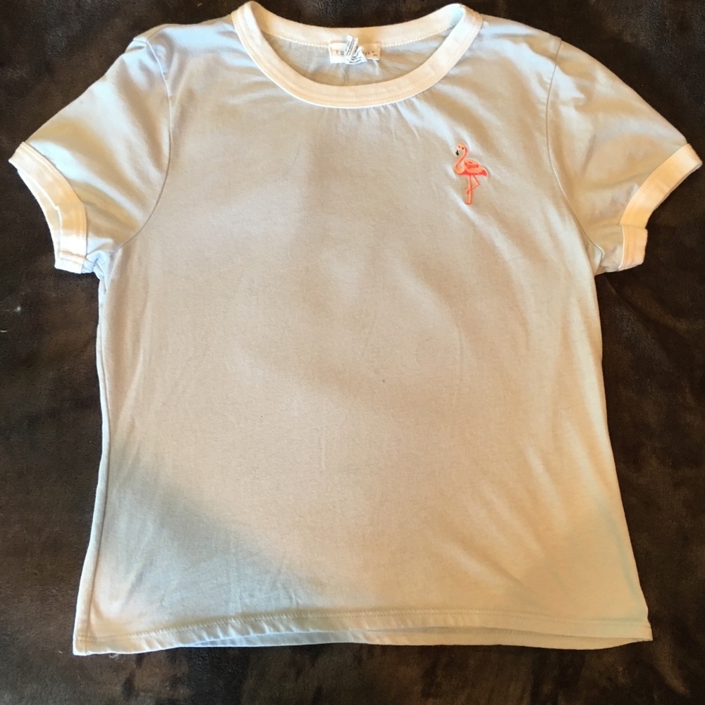 light blue tee with pink flamingo